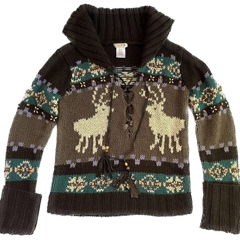 LaROK Woodsman Beaded Lace Up Reindeer Wool Sweater aso Jessica Simpson S - Picture 1 of 16